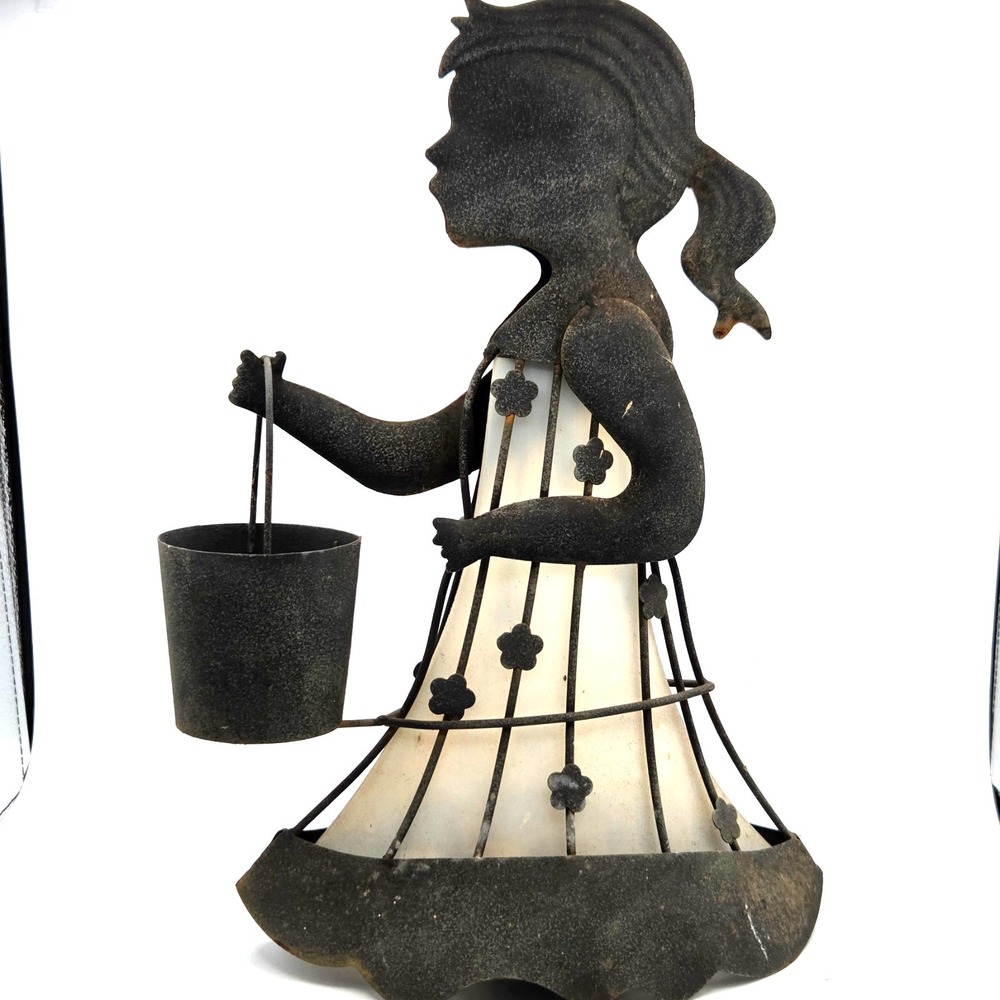 VINTAGE‎ Metal Lawn Sculpture Young Lady in a Dress Holding a Bucket 17" TALL
